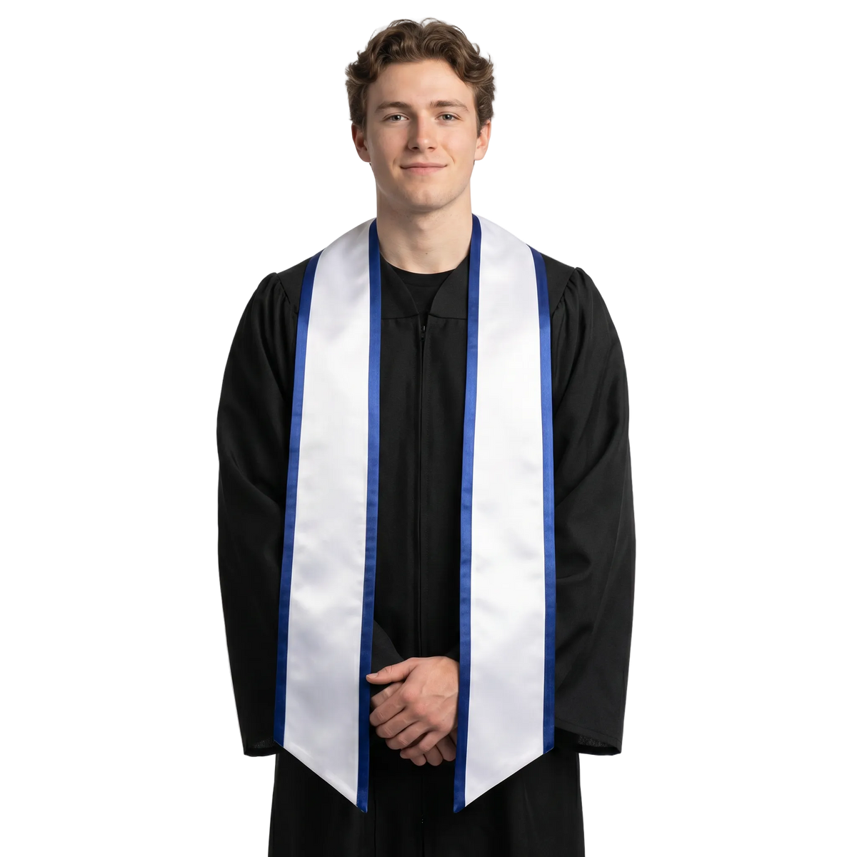 White slanted graduation stole with royal blue trim along the edges and angled ends, shown from the front.