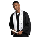 Graduate wearing a white valedictorian graduation stole over a commencement gown
