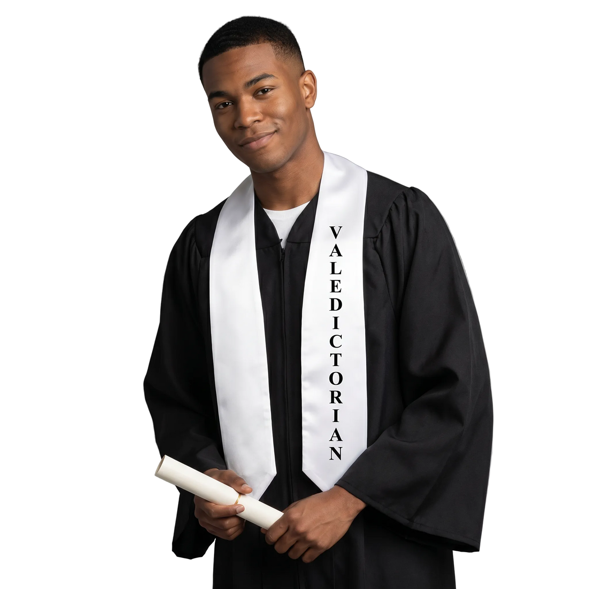 Graduate wearing a white valedictorian graduation stole over a commencement gown